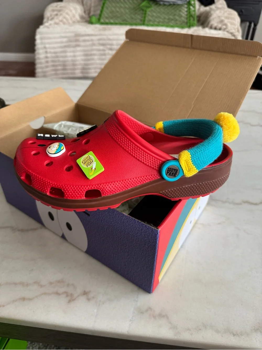 Men’s Red Clog Sandals with Teal Pom Strap